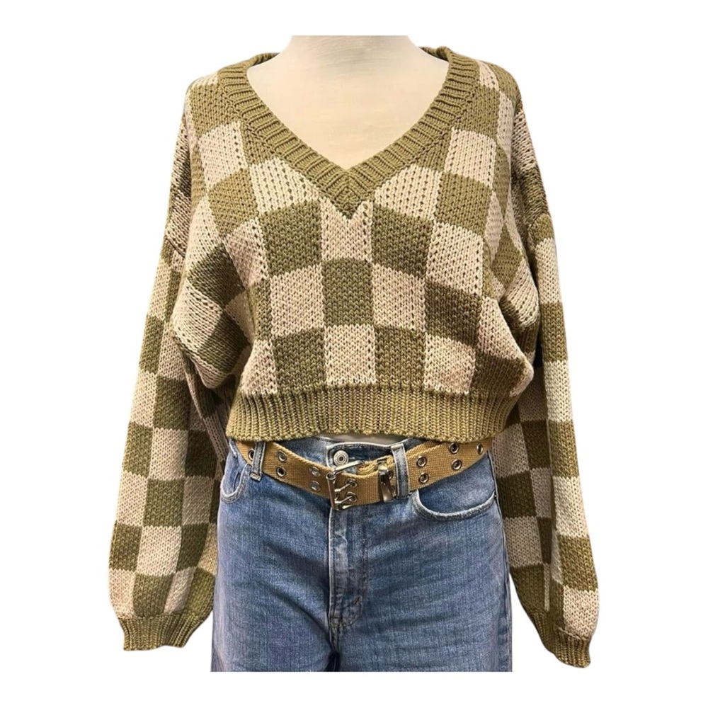 Blue Blush V-Neck Green & Cream Checkered Cropped Knit Pullover Sweater | Size L